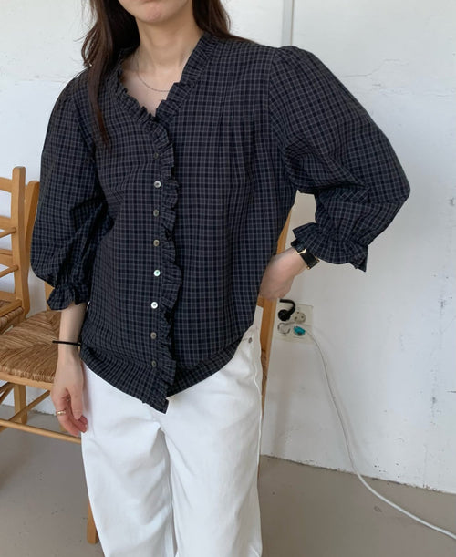 Frill Check Blouse (Brown)