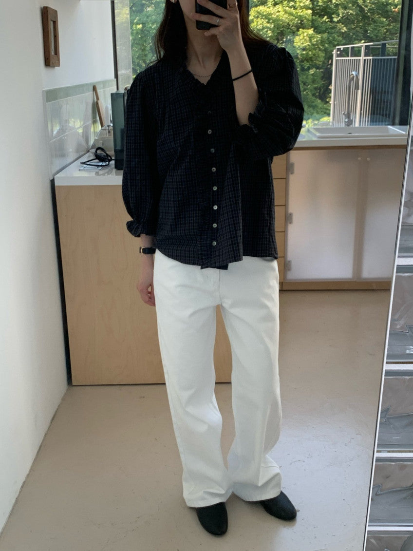 Frill Check Blouse (Brown)