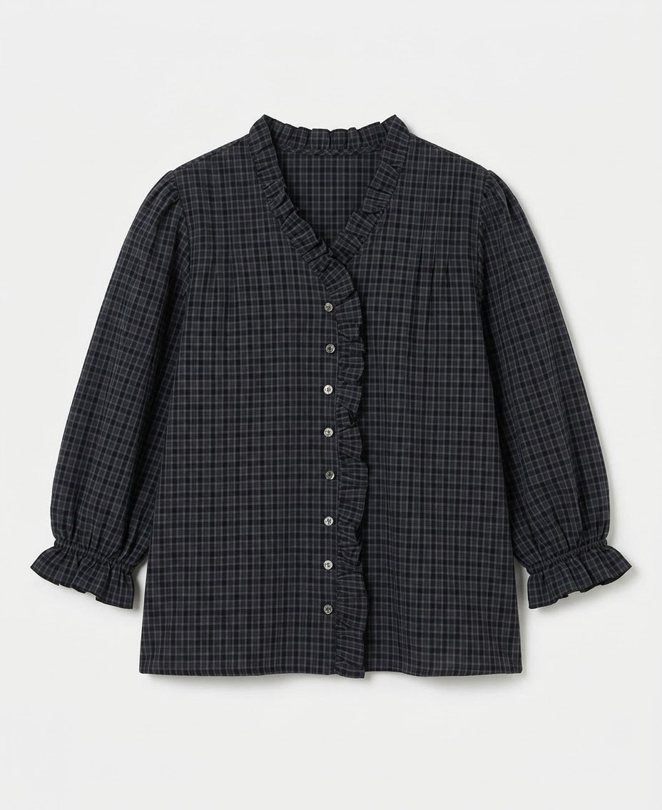 Frill Check Blouse (Brown)